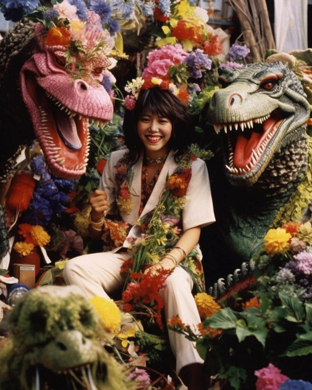 草野絵美さんのインスタグラム写真 - (草野絵美Instagram)「gm☮✌If I were in the 70s, I'd be spending my days frolicking Godzilla. 🌸🦖 #aiportrait #flowercgild 💐」5月22日 22時48分 - emiksn
