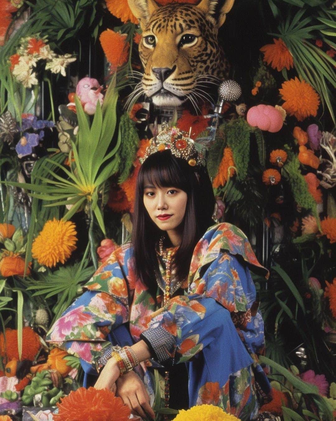 草野絵美のインスタグラム：「gm☮✌If I were in the 70s, I'd be spending my days frolicking Godzilla. 🌸🦖 #aiportrait #flowercgild 💐」