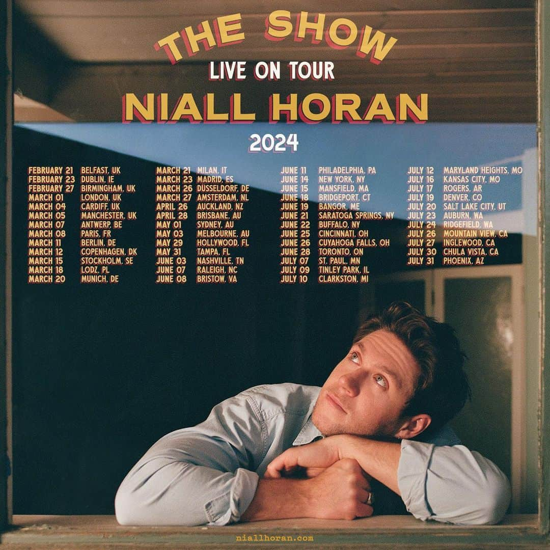 ナイル・ホーランのインスタグラム：「I am beyond thrilled to announce The Show Live On Tour 2024 ! It’s been far too long and I can’t wait to see your beautiful faces. Tickets go on sale Friday, June 2 at 10am local.  There are still a few more dates coming so if you don't see a show near you listed, stay tuned.  Album pre-order and Citi/AAdvantage presale begins May 30 Newsletter presale begins May 31 TikTok presale begins June 1  Visit niallhoran.com for more details」