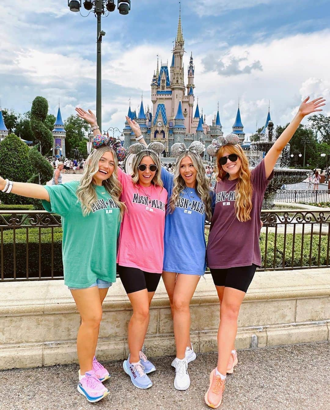 Tracy and Stefanieのインスタグラム：「Happily Ever After is back and so are we!!! 👀 our shirts!!! Get them from @madisonandmallory while they last!! 💚🩷🩵💜 Which is your fave? 🎆」