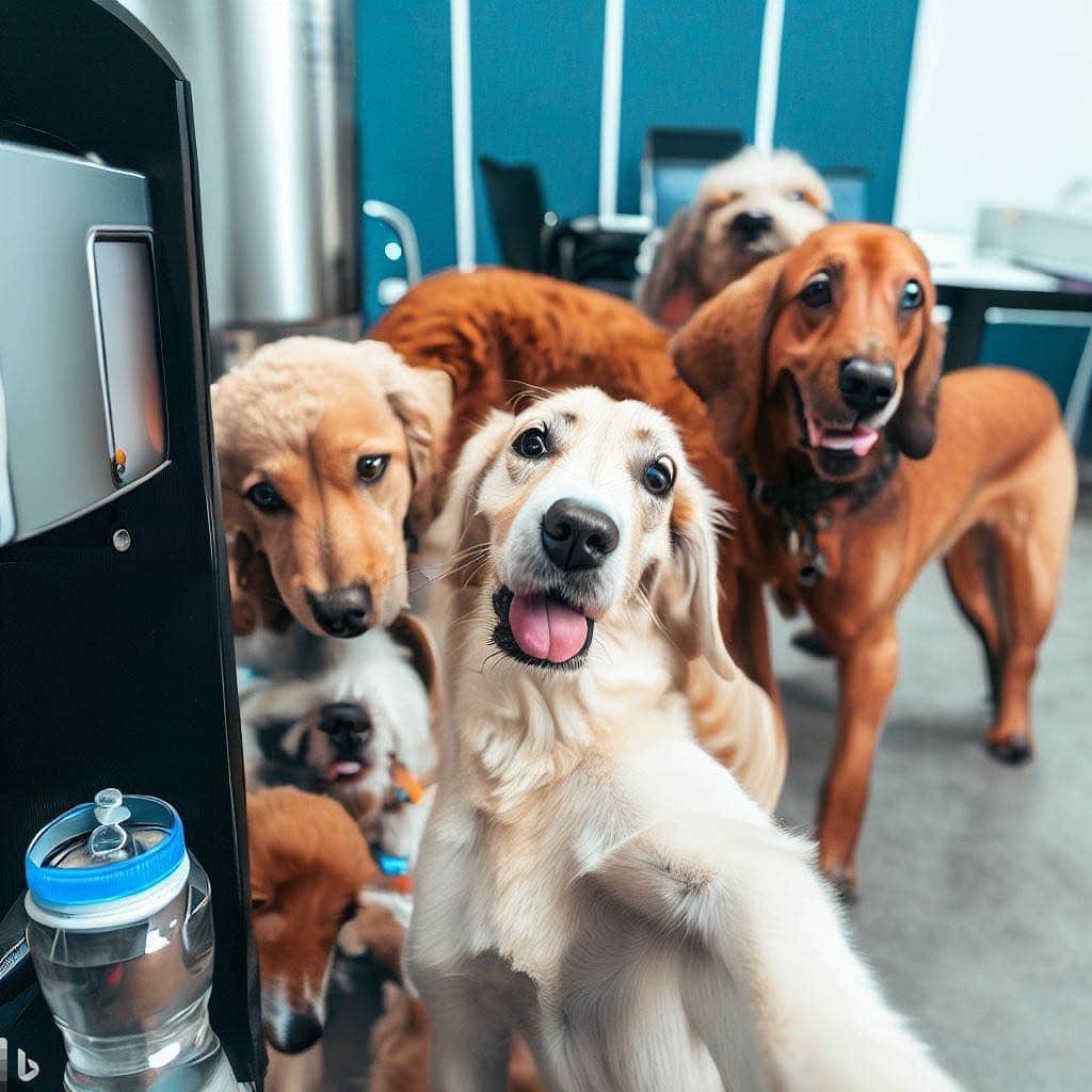 のインスタグラム：「Currently using @Bing Image Creator to create very important things.  Here’s the prompt we used: a group of dogs in the office taking a selfie around the water cooler.」