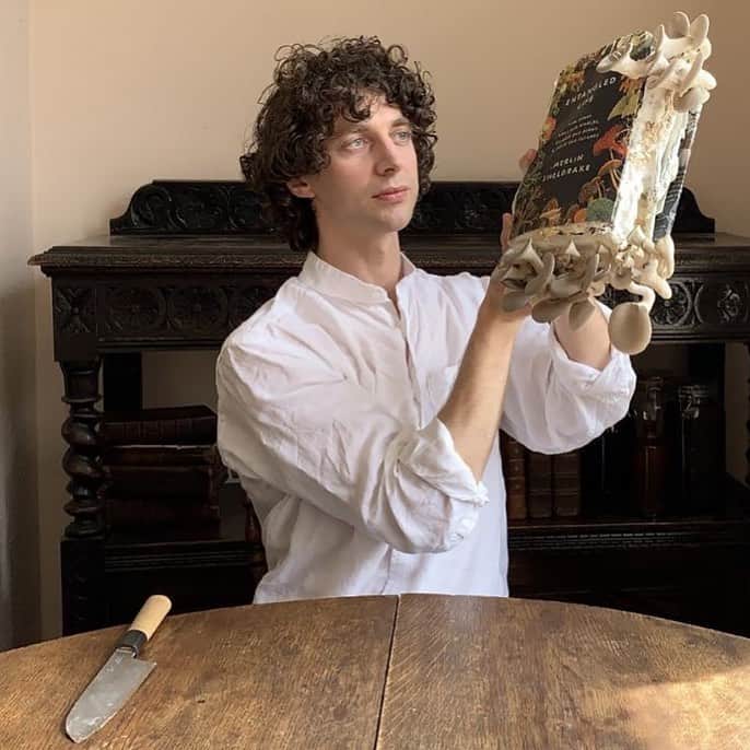 のインスタグラム：「This is a man who's about to eat his words. And his mushrooms.   Biologist Merlin Sheldrake dipped this copy of his book about fungi into oyster mushroom spores, grew them on the book, and sautéed them in butter. Then, Merlin enjoyed his mushroomy meal.   On Barro Colorado Island, part of our @smithsonianpanama, Sheldrake studied one of the few flowering plants with no green parts and no ability to harness the power of sunlight. Instead, it gets nutrients by tapping into the underground web of fungi.」