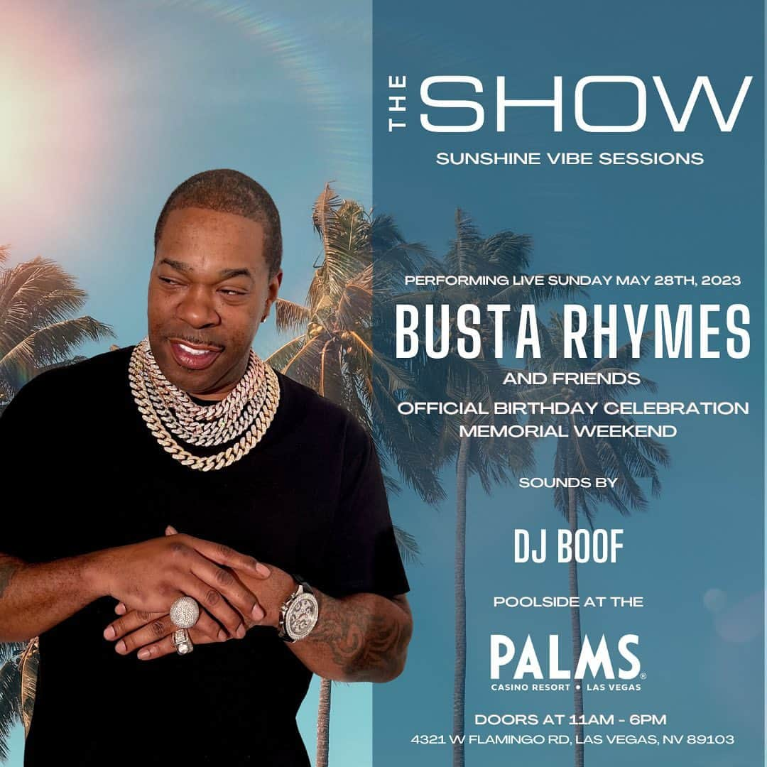 Palms Casino Resortさんのインスタグラム写真 - (Palms Casino ResortInstagram)「📣 Just Announced 🎉 Join us in celebrating the birthday of the legendary @bustarhymes this Sunday, May 28 at SOAK Pool at Palms!  Catch live performances by Busta Rhymes himself, and special guest @Jeremih! 🎟️ Get tickets at the link in our bio!」5月23日 5時00分 - palms