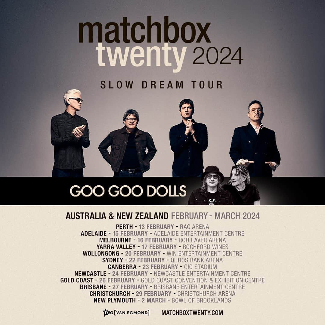 グー・グー・ドールズのインスタグラム：「Australia and New Zealand !! Tickets for the #SlowDreamTour 2024 with @matchboxtwenty are on sale now at googoodolls.com.  Slow Dream Tour 2024 13 February | PERTH, AU | RAC Arena 15 February | ADELAIDE, AU | Adelaide Entertainment Centre Arena 16 February | MELBOURNE, AU | Rod Laver Arena 17 February | YARRA VALLEY, AU | Rochford Wines 20 February | WOLLONGONG, AU | WIN Entertainment Centre 22 February | SYDNEY, AU | Qudos Bank Arena 23 February | CANBERRA, AU | GIO Stadium 24 February | NEWCASTLE, AU | Newcastle Entertainment Centre 26 February | GOLD COAST, AU | Gold Coast Convention & Exhibition Centre 27 February | BRISBANE, AU | Brisbane Entertainment Centre 29 February | CHRISTCHURCH, NZ | Christchurch Arena 2 March | NEW PLYMOUTH, NZ | Bowl of Brooklands」