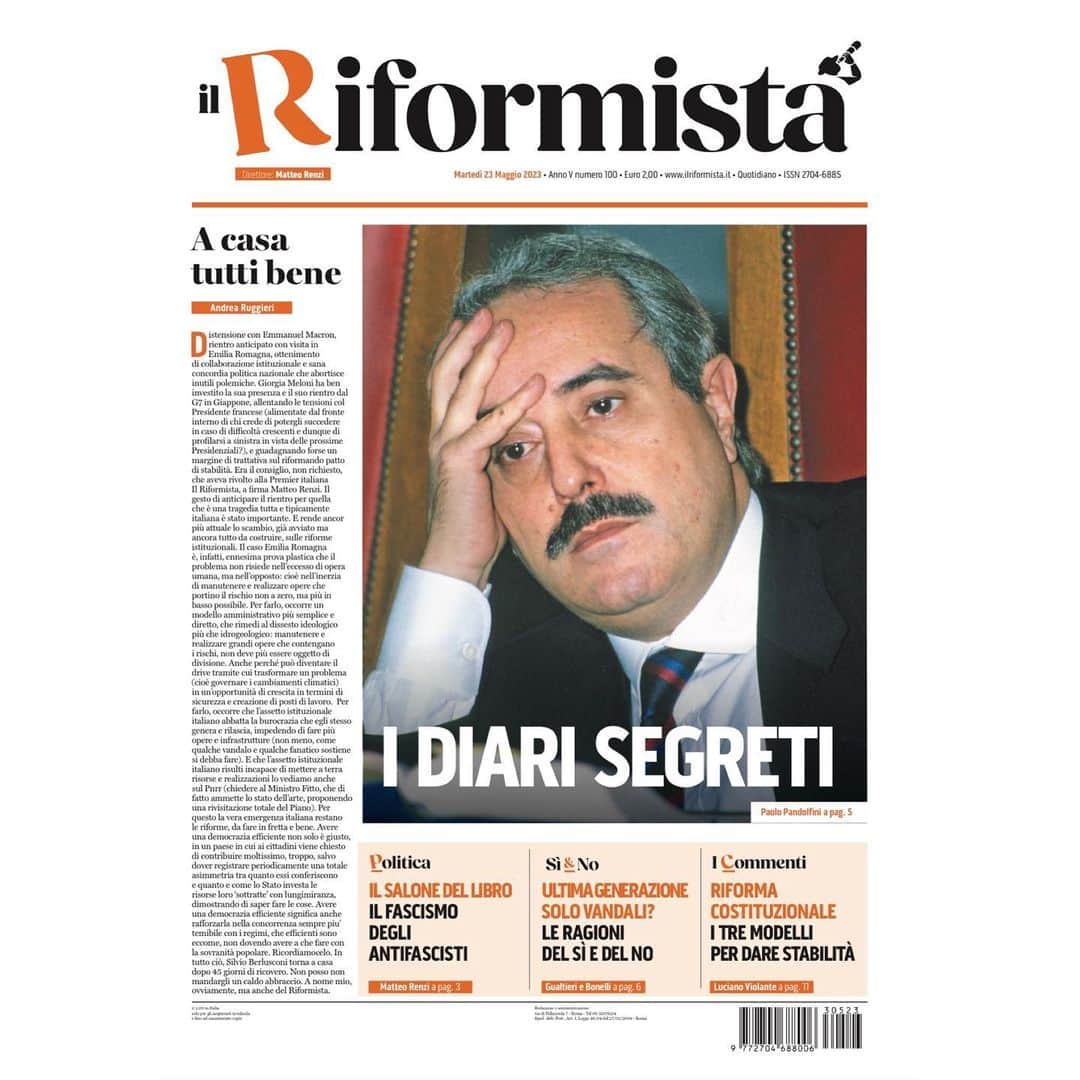 マッテオ・レンツィのインスタグラム：「Sono passati 31 anni dalla strage di Capaci. La figura di Giovanni Falcone ha segnato per sempre la mia e nostra generazione. Oggi Il Riformista dedica l’apertura al suo sorriso, al suo ricordo, alla sua eredità」