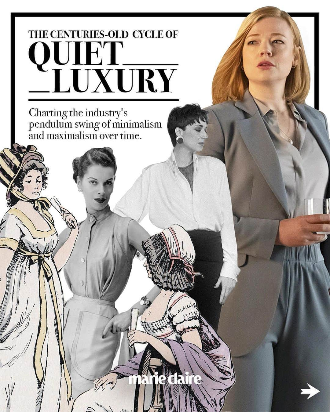 マリクレールさんのインスタグラム写真 - (マリクレールInstagram)「While #QuietLuxury has become one of the great fashion fixations of 2023, the wealthy have long had a habit of swapping out outward opulence for understated attire.  Dating back to 18th-century France, when the aristocracy adopted a proletariat-approved wardrobe to distance themselves from the monarchy, the concept of paring down one’s personal style in response to societal shift offers a lesson in fashion history more broadly—and a foreshadow of the future, too. Swipe through for some of the many iterations of this pendulum swing, and tap the link in bio for @emmachilds_‘s full deep dive.  🎨: @jonelleafurong」5月24日 2時02分 - marieclairemag