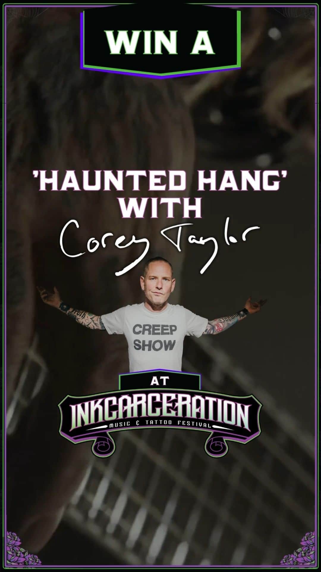 コリィ・テイラーのインスタグラム：「Want to win a trip to come hang with me @inkcarcerationfestival with side stage viewing for our @slipknot set AND join me for a private tour of the 'Blood Prison' Haunted House!?   Here's your chance to WIN a haunted hang including 3-day VIP festival passes, round trip travel, hotel accommodations, a guitar and lyrics signed by me + more!  Donate to Win and support my foundation @thetaylorfoundation to support veterans and emergency personnel living with PTSD.   Donate To Win at 👉  fandiem.com/cmft or with link in bio.  🤝 @winwithfandiem」