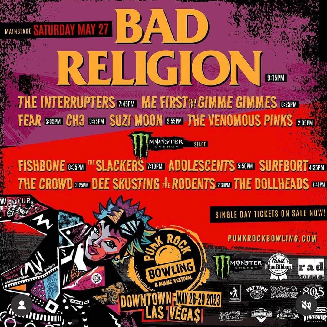 Bad Religionのインスタグラム：「Punk Rock Bowlers!  See you SATURDAY! Which song should we open with? 🤔 #PRB23 #SOLDOUT」