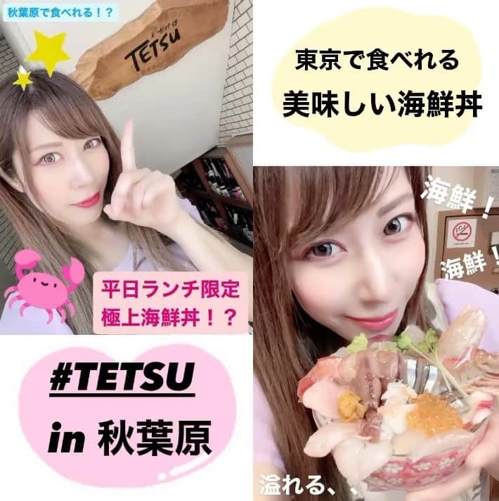 七星ジュリアのインスタグラム：「今回は秋葉原にある【TETSU】さんを紹介します(*^^*)  平日ランチ限定！の極上海鮮丼を食べて来たよん♡  海鮮丼の中身は季節、時期、入荷の状況で毎日替わるので、何が出るかそれも楽しみだね(ฅ´ω`ฅ)  私が行った日に乗ってたのは ＜本鮪カマトロ、天然(イサキ、スズキ、平目、ハタ、真鯛)自家製〆さば、ホタテ貝、キビナゴ、ホタルイカ、イクラ、赤海老、ズワイガニ、初鰹、生ウニ＞ 以上16種類がてんこ盛りになってました！ しゅごい、、、(〃▽〃)  北海道出身の私は海鮮大好きなので 味にうるさいですが鮮度抜群で終始無言でバクバク食べてましたww  エビさん大きくてビックリしたw しかも激甘でとろけるぅ(〃▽〃)  こんだけ入っててお値段 2200円!!(税込) 安いっ！！！  東京だと築地とかそうゆう所でしか食べれないと思ってたけど、、、 秋葉原でも安くて美味しい海鮮丼が食べれるなんて最高( *¯ ꒳¯*)  ライブ前やライブ後でも食べに行きたいw 海鮮好きな方は是非！  PR @tetsuyagoto #秋葉原ランチ #秋葉原ディナー #秋葉原グルメ #秋葉原宴会 #秋葉原接待 #秋葉原日本酒 #美味研鑽TETSU #秋葉原海鮮 #七星じゅりあ」