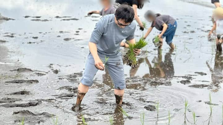 浅利陽介のインスタグラム：「いやー、足腰のいい鍛練になりましたー 9月頃に収穫だそうで、楽しみです 次は、雑草とりかなぁ #田植え #米 #自然 #9月収穫たのしみ」