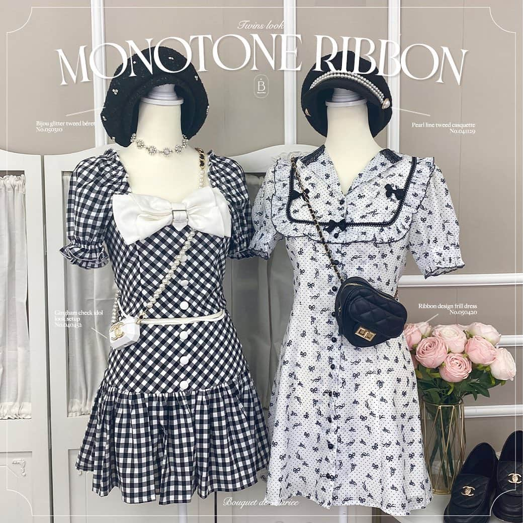 𝐵𝒐𝒖𝒒𝒖𝒆𝒕𝒅𝒆𝑴𝒂𝒓𝒊𝒆𝒆のインスタグラム：「. 🖤Monotone twins🖤  リボンのモノトーンコーデなら 可愛さもありつつ甘くなりすぎない🐰💭  一部即納のアイテムもございます💌  #量産型 #フレンチガーリー #メンカラコーデ #参戦服コーデ #推し色 #すとぷりすなーさんと繋がりたい #ジャニオタさんと繋がりたい #参戦服 #ガーリーコーデ #モノトーンコーデ #リボンワンピース」