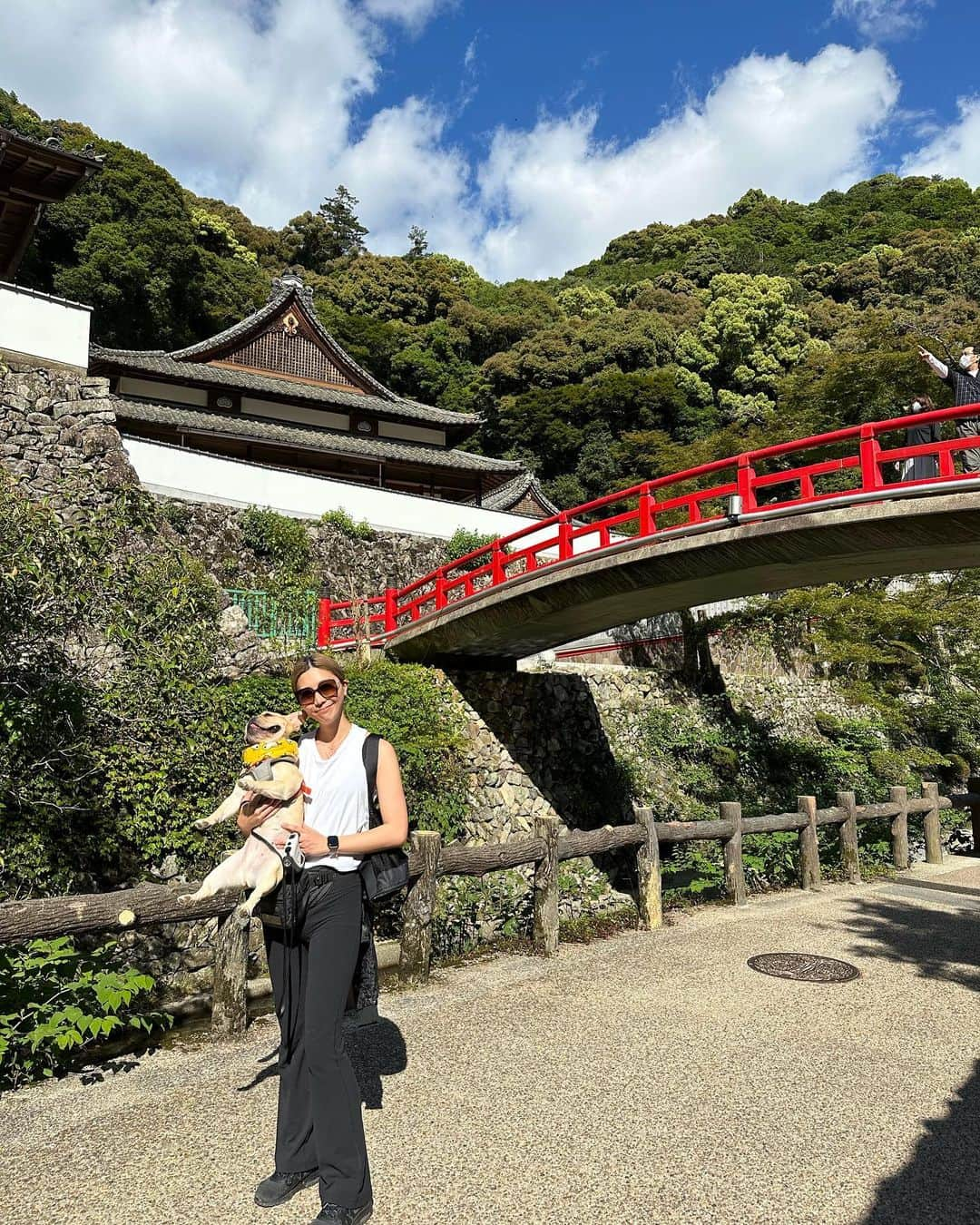 黒ユイさんのインスタグラム写真 - (黒ユイInstagram)「⛰️ 家族で箕面の滝へ🥰 １時間半ハイキング🥾 マロンは最初はしゃぎすぎて帰りは疲れたアピールして (いつもw帰ってきたら元気なるパターン) ダディに抱っこしてもらいご機嫌😂🤭 ダディは寝てるルカとマロン合わせて25kgを背負った💪 ついでにマミーも背負って欲しかった😶笑 明日は筋肉痛かな😆😂もっと体力つけなきゃ💪  天気も良かったし気持ちよかった🥰 素晴らしい場所でした❤️ 良い家族dayになったね👪🐶 #箕面の滝」5月23日 20時23分 - yui_my_life