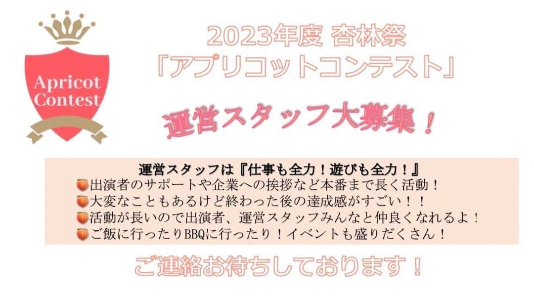 のインスタグラム：「🍑皆様こんにちは🍑 杏林祭「アプリコットコンテスト」出演者と同時に運営に関わりたい人も募集中です！  アプリコットコンテスト運営スタッフは、とにかく明るくイベント大好きなスタッフが多いです！  モットーは「仕事も全力！遊びも全力！｣  企業にご挨拶にお伺いに行く際や、本番当日は、スーツをビシッと着こなしてカッコイイ姿でお仕事をします😎  【アプリコットコンテストのアピールポイント】 ・出演者、運営スタッフみんなと仲良くなれる機会がとにかく多い！イベント盛りだくさん！ ・お仕事が多くて、大変な時もあるけれど終わったあとの達成感がすごい！ ・大人の人と関わる機会も多いので就職活動に役立つこともあるよ！  運営に興味のある方のご連絡もアプリコットコンテスト公式アカウントDMにてお待ちしております！‪🫶🏻‎  #杏林大学　#杏林祭　#杏林祭2023　#アプリコットコンテスト　#アプリコットコンテスト2023　#apricotcontest　#ApricotContest2023　#ミックスコンテスト　#吉祥寺　#三鷹」