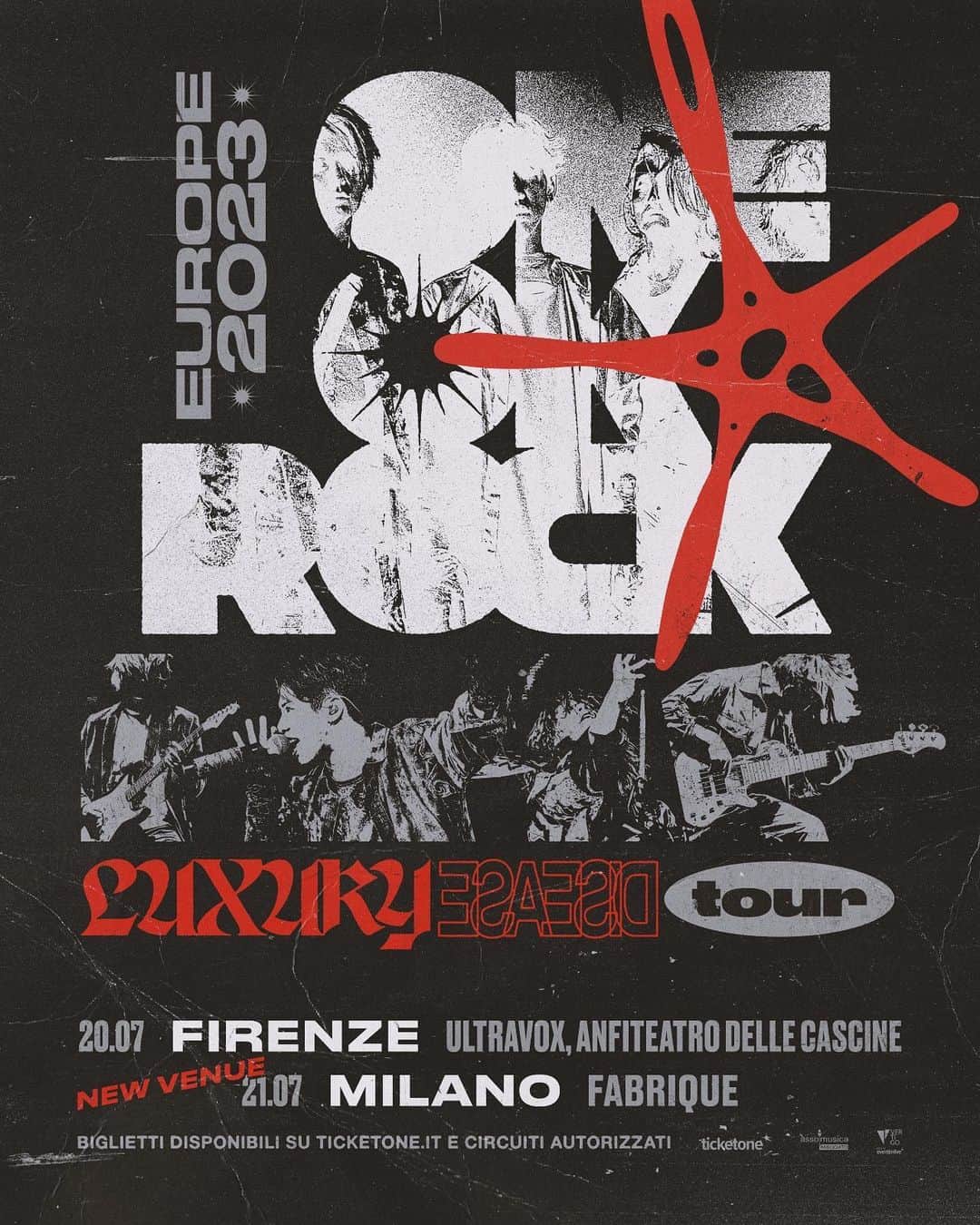 Taka のインスタグラム：「Venue upgrade for our fans coming out to Italy! After selling out in Milan, the new venue will be at Fabrique! More details here:   www.oneokrock.com/en/tour/ #ONEOKROCK #LuxuryDisease #tour」