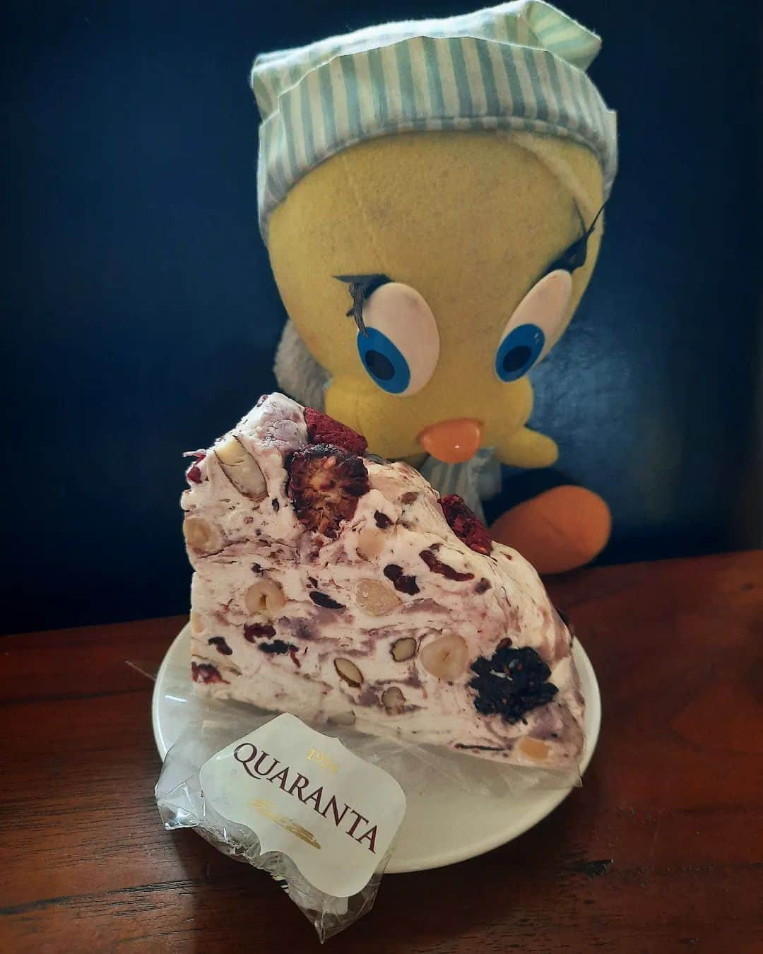 Little Yellow Birdのインスタグラム：「This nougat is delicious and surprisingly soft and fruity! Very tasty!! #honeygroveteapartytuesday #littleyellowbird #tweety #tweetykweelapis #adventures #yellow #bird #quaranta #nougat #noga #raspberry #fruity #delicious #sweet #sweettreat #snack #tuesday #stuffedanimalsofinstagram #plushiesofinstagram」