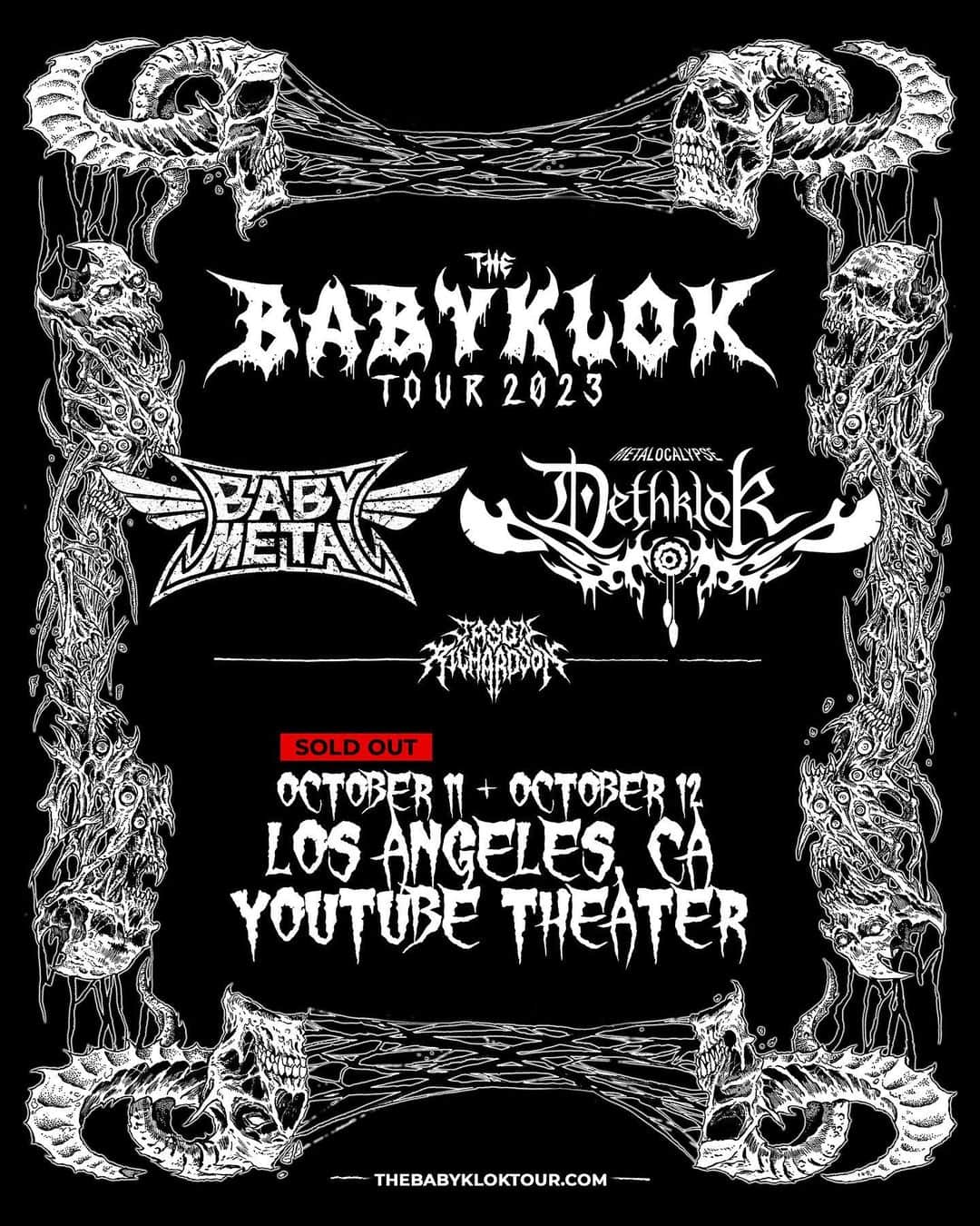 BABYMETALのインスタグラム：「LOS ANGELES - BABYMETAL & DETHKLOK @metalocalypse’s are adding a 2nd LA show: Thursday, October 12 at the YouTube Theatre. Artist pre-sale tickets & VIP packages go on-sale today at 1pm PST using code THEOTHERONE.  Tickets go on-sale to the general public on Friday at http://thebabykloktour.com」