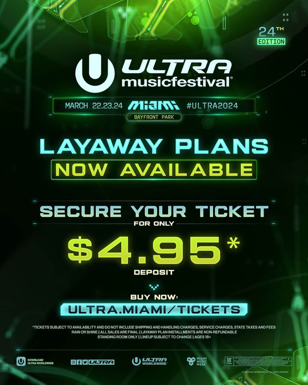 Ultra Music Festivalのインスタグラム：「Finally! Layaway Plans for #Ultra2024 are NOW AVAILABLE! Secure your ticket for only a $4.95 deposit while you have the chance! Remember, this will be your only opportunity for Layaway Plans and they are only available for a limited time only or while supplies last.   Buy Now ➡️ ultra.miami/tickets」