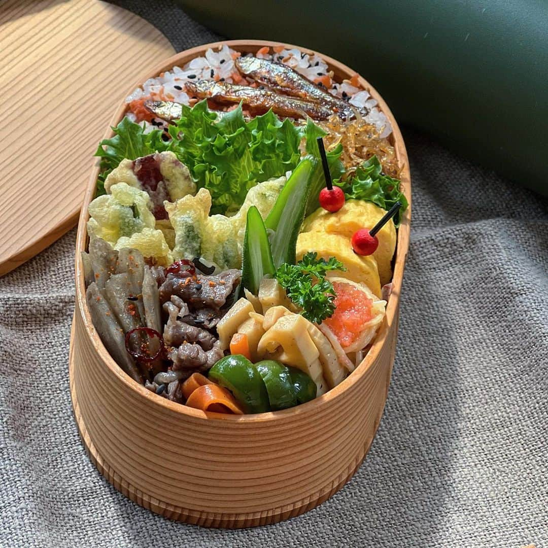 はらぺこさんのインスタグラム写真 - (はらぺこInstagram)「残り物で自分弁当🍀  ♪竹輪inいんげん豆の天ぷら ♪いんげん豆の天ぷら ♪さつまいもの天ぷら ♪牛ごぼうのしぐれ煮 ♪青椒肉絲 ♪たらこパスタ🍝 ♪だし巻きたまご ♪お魚ごはん (鮭フレークの混ぜご飯.お魚の佃煮)  3枚目は今朝散歩🐾 お母さん！おやつちょうだい！ って訴えてるお顔🤣  散歩途中おやつをあげる場所にきたら決まって催促…🤎 このお顔😍  #お弁当 #自分弁当  #お昼ごはん #おうちごはん #おうちごはんlover #フーディーテーブル #オベンタグラム#朝時間 #チーム早起き #日々の暮らし #丁寧な暮らし #常備菜 #野菜 #食育 #料理 #家庭料理 #クロワッサンお弁当部 #社会人 #娘 #幼稚園 #和食  #お弁当が知ってる家族のおはなし  #西部ガス　#ハイドロフラスク #heyletsgo #てづくりごはん365 #大館工芸社 #わっぱ弁当　#トイプードル #トイプードルレッド」5月24日 10時21分 - n.harapeko