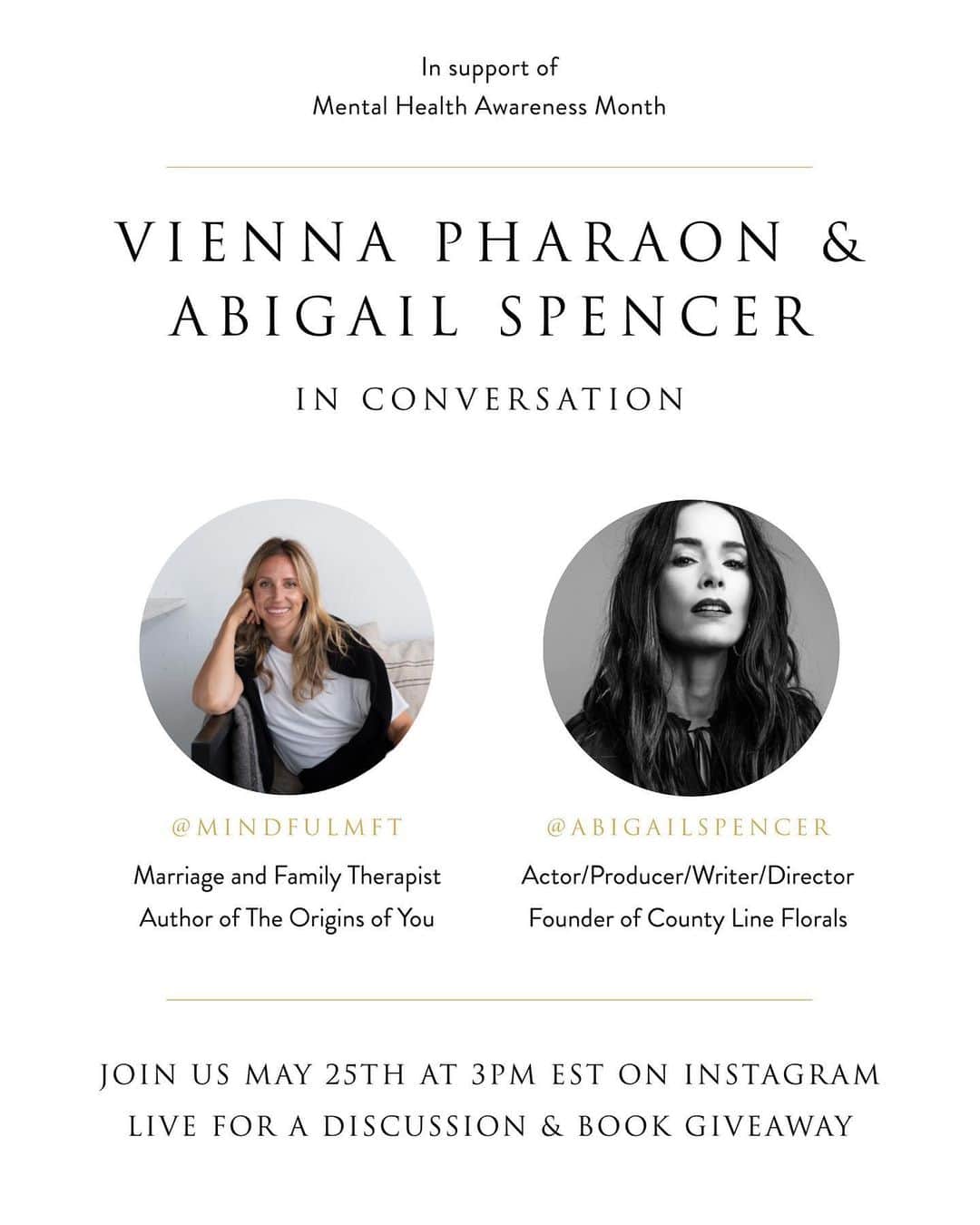アビゲイル・スペンサーのインスタグラム：「I learn so much from this woman. Every day. In every way. Her research culminating in her book #OriginsofYou is a gift to us all. Join us in conversation for #MentalHealthAwareness Month. This Thursday 3pm/noon. OG BFF on the IG. xx」