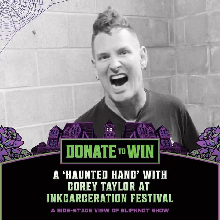 コリィ・テイラーのインスタグラム：「Want to win a trip to come hang with me @inkcarcerationfestival with side stage viewing for our @slipknot set AND join me for a private tour of the ‘Blood Prison’ Haunted House!?   Here’s your chance to WIN a haunted hang including 3-day VIP festival passes, round trip travel, hotel accommodations, a guitar and lyrics signed by me + more!  Donate to Win and support my foundation @thetaylorfoundation to support veterans and emergency personnel living with PTSD.   Donate To Win at 👉  fandiem.com/cmft or with link in bio.  🤝 @winwithfandiem」