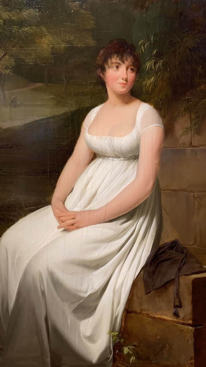 クリスティーズのインスタグラム：「Last chance to see the Old Masters sale on view in New York!   The tumultuous, at times even dangerous, turns of Madame Tallien’s fascinating life seem far removed from this elegant portrait by Louis-Léopold Boilly. Born Jeanne-Marie-Ignace Thérésia Cabarrús in Madrid in 1773, Madame Tallien was raised in Paris. At fourteen, she married the Marquis Jean-Jacques Devin de Fontenay (1762-1817), but soon left him due to his dissolute lifestyle and found herself drawn instead to the Revolutionary ideas then gaining momentum. Her political involvement led to her being imprisoned twice and nearly guillotined in Bordeaux. Renowned for her great beauty, Madame Tallien befriended numerous artists and ran a lively salon that showed off her sparkling intellect. The meandering road in the portrait’s background may be suggestive of the unexpected twists in Madame Tallien’s life, while the bridge may signal a path to a brighter, more straightforward future, an idea reinforced by her nascent smile.   See this fascinating piece and more from our Old Masters sale on view in our Rockefeller Center galleries for just one more day!」
