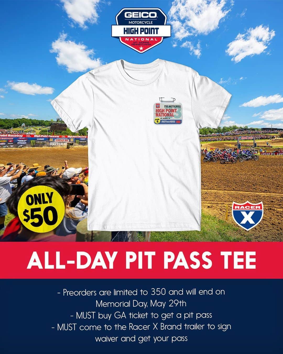 Racer X Onlineのインスタグラム：「Pit Passes are BACK for the High Point National, with a little twist! 👀  This year, your ticket inside the pits will be a t-shirt 😎  Go on over to the @RacerXBrand website for more info. Preorders are limited to 350 shirts!   #RacerXOnline #RacerXBrand #Motocross」