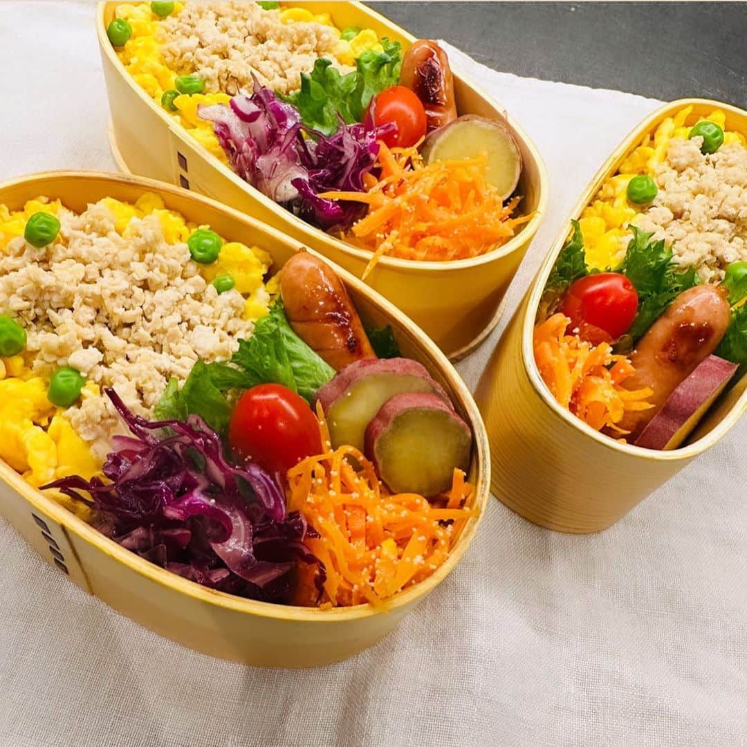 のインスタグラム：「・ おはようございます！ 今日はたろーしんのリクエスト、鶏そぼろ🐔💛 時短なはずなのに、全部敷き詰めようか迷ってたら、 結局いつもと同じ時間かかってしまった。。  今日も元気にいってらっしゃ〜い！！  #obento」