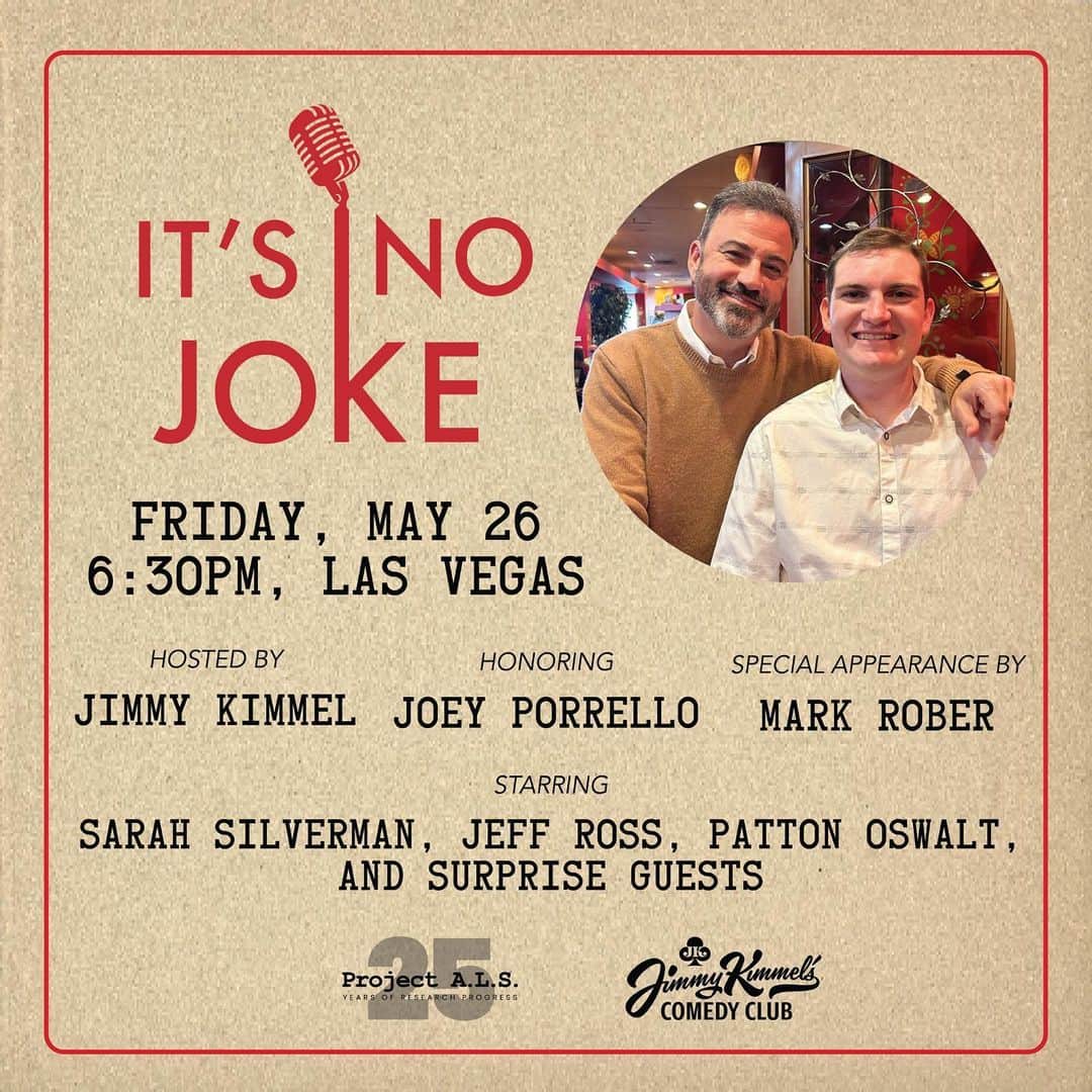 ジェフリー・ロスのインスタグラム：「Join me in LAS VEGAS this Friday, May 26 as we honor Joey Porrello in his courageous fight against ALS. Limited seats remain for “It’s No Joke” – an uplifting night of comedy that benefits Project ALS hosted by Joey's godfather Jimmy Kimmel, with performances by Sarah Silverman, Patton Oswalt, me!, an appearance by Mark Rober and surprise guests. All at Jimmy Kimmel’s Comedy Club in Vegas. Make your reservation or donate today at the link in my bio.」
