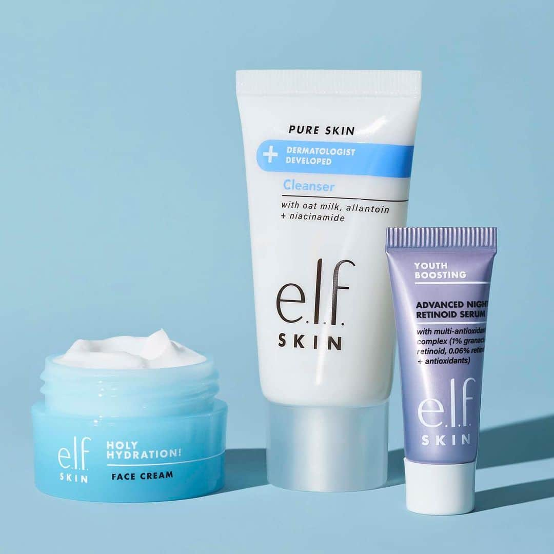 e.l.f.さんのインスタグラム写真 - (e.l.f.Instagram)「Your e.l.f. SKIN faves now in travel sizes 🙌 Our e.l.f. SKIN minis are perfect for traveling or trying products before you buy!   Minis featured: 💧Pure Skin Cleanser: non-irritating, gentle face cleanser with oat milk and niacinamide 💧Advanced Night Retinoid Serum: powerful anti-aging serum that reduces the appearance of fine lines and wrinkles over time 💧Holy Hydration! Face Cream: lightweight moisturizing face cream that nourishes and plumps skin while delivering lasting hydration  Tap to shop! #elfskin #elfcosmetics #elfingamazing #eyeslipsface #vegan #crueltyfree」5月24日 9時28分 - elfcosmetics