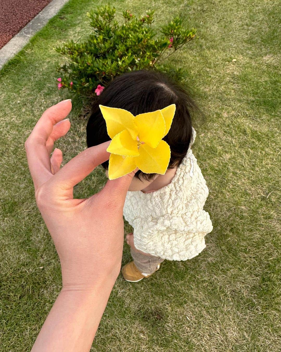 るっこさんのインスタグラム写真 - (るっこInstagram)「すいの最近のお気に入りポーズ✊🏻✊🏻 公園で見つけた綺麗な黄色い葉っぱ。 お耳の上に乗せてあげたら気に入ったみたいで、そのあとずっと自分で耳につけようとしたり、私やれんちゃんの耳に付けてくれようとしてた🥹❤️ たまらん可愛かった〜🥹🥹♡♡  #ruko_mama」5月24日 19時31分 - rukkoooy