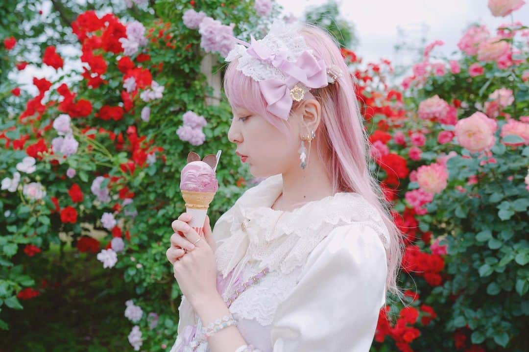 水森依音のインスタグラム：「🌹🍨🌹🍨🌹✨   #babythestarsshinebright  #うさくみゃちゃん  #ロリータ  #ロリィタ  #ロリヰタ  #LOLITA  #harajukufashion  #kawaiifashion   #バラ園  #京成バラ園  #薔薇  #rosegarden」