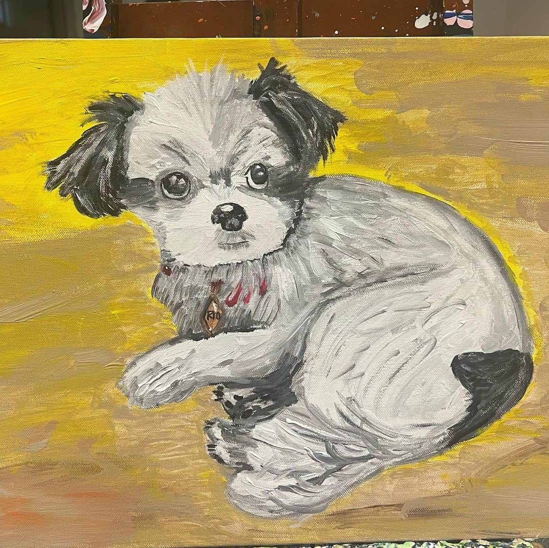 寺本愛美さんのインスタグラム写真 - (寺本愛美Instagram)「テラ美画 この写真のリオを描きました。 * 愛犬リオです。パピー顔だけど今年で14歳。 アクリル絵の具で描きました。 はじめてのキャンバスに描きました。 これだけでなんか素敵で高級感でるアイテム。 はじめてのアクリル絵の具。色鉛筆と違って重ねるところが難しく毛並がうまくできなかった... 白って難しい... #愛犬#マルチワ#dogart#アクリル画」5月24日 14時35分 - terami0128