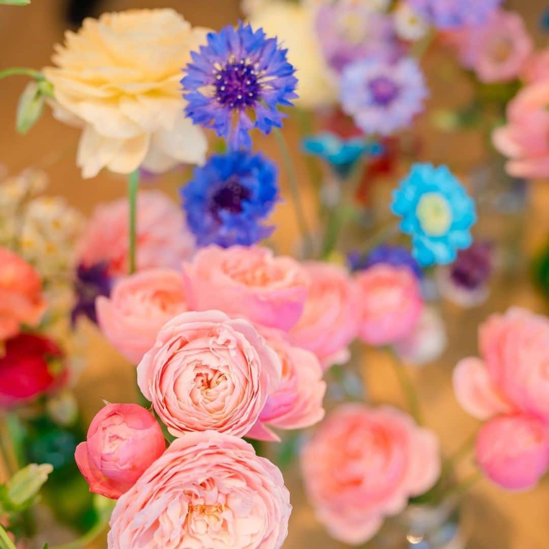 ゆうりのインスタグラム：「お花はカラフル🌼🌸🌷希望！  こんな可愛いセンス抜群なチョイスをしてくださった泣  これも @huge_partydesk の パーティープランに含まれてたよ！  そして、エチケットてきに #酒豪伝説 です！ これは友達のみきの結婚式を参考にさせてもらった笑  📸photo by @3338ayachil   #ゆうりの結婚パーティー #結婚パーティー #こんな花に囲まれて生きていきたい」