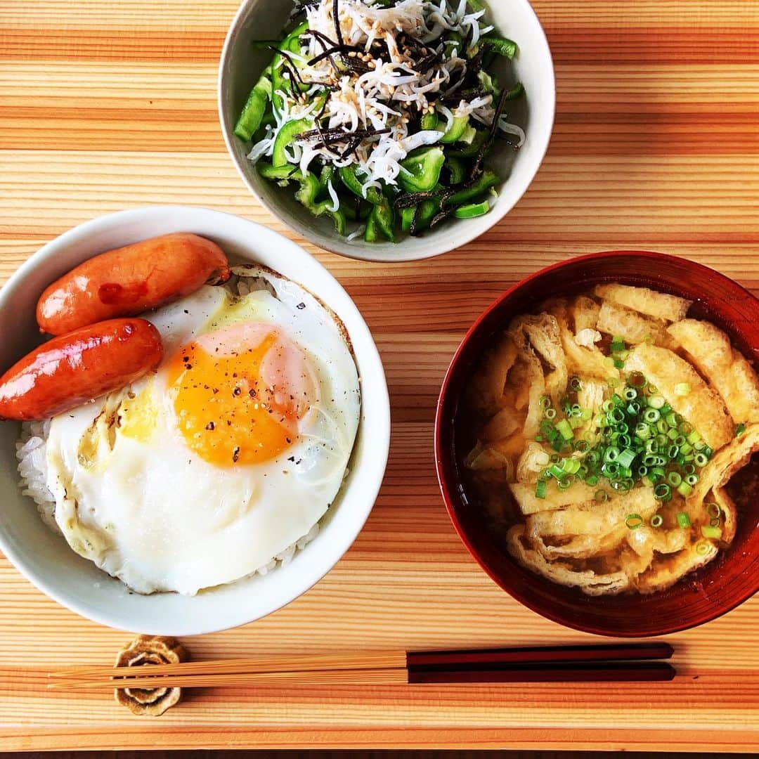 志摩有子さんのインスタグラム写真 - (志摩有子Instagram)「遅めのお昼に目玉焼き丼シャウ添え。 刻んだピーマンにしらすとまつのはこんぶ、お醤油とごま油ちょろり。食べるラー油で味変。 目玉焼き、絶対失敗しない自信があるのだが、焦って作ったらなんだか怪しい😅  #目玉焼き丼 #シャウエッセン」5月24日 17時46分 - ariko418