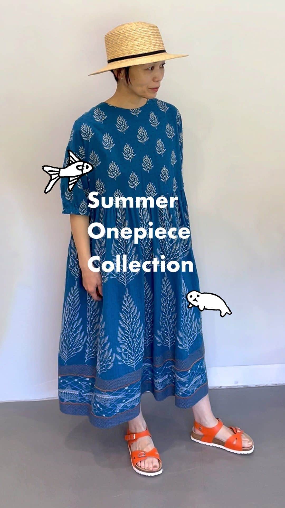 marbleSUD(マーブルシュッド) のインスタグラム：「おすすめワンピース4選🐟 モデル161cm  ①大漁 2WAY切替OP ¥31,900 　AU MUGIWARA HAT23 ¥5,720  ②鯨法会(布帛) シャツOP ¥23,100 　SM BAGMATI NEWCORD BAG ¥9,790  ③flying owl 袖口リブOP ¥23,100 　marble SUD バックルレスレザー細ベルト ¥7,480  ④金魚 スキッパーOP ¥29,700 　SM BAGMATI NEWCORD BAG ¥9,790  ※全て税込価格です。」