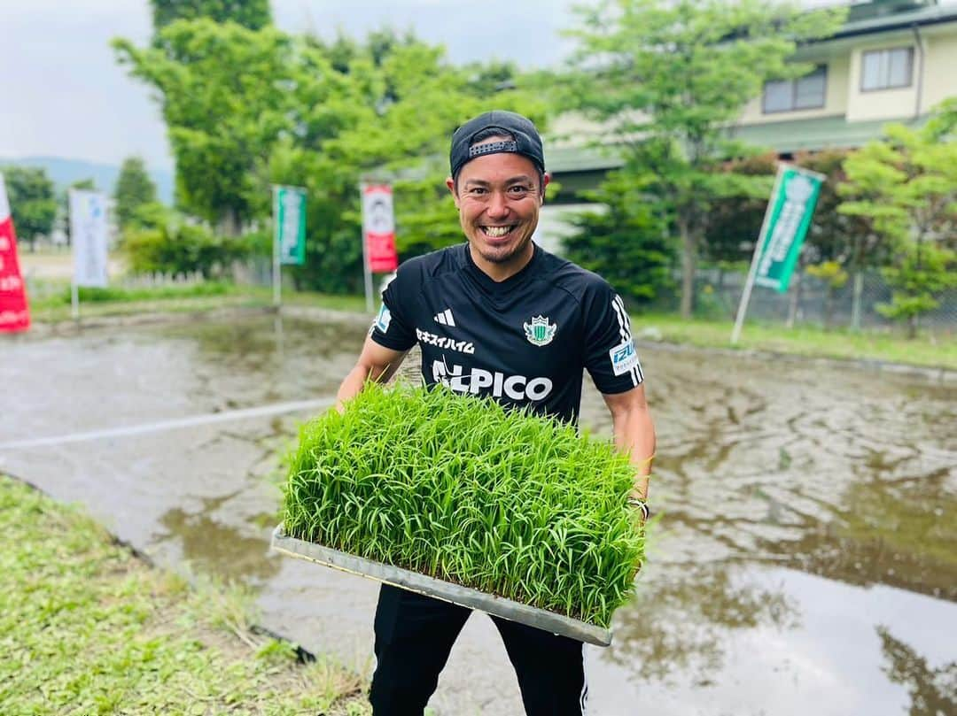 片山真人のインスタグラム：「【ガチャスタグラム 田植え篇】  今年もきましたこの季節が😆 田植えwith岡谷市の小学生のみんな🤝 みんなでワイワイ楽しく田植えTime🌾☀️  #田植え の時期がきました‼️ #食農教育 👍 #ja信州諏訪 さんとコラボ🤝 #毎年恒例 の田んぼ仕事😆 #泥くさいプレー で実施🫳🌾  今週は岡谷市の2校の児童と実施🏫  #岡谷市立岡谷田中小学校 🤝 #岡谷市立長地小学校 🤝  2日間とも天気にも恵まれて朝一から作業🌾☀️ #アメンボ  #おたまじゃくし いっぱい😆 #イモリ と#カエル はたまに🦎🐸 #タモリ さんは0️⃣🕶️…。笑  やっぱ中には泥投げてくる元気のいい奴も😎🤏  両日とも、みんなでワイワイ楽しくしっかり田植えできた👍😊  #自分らで田植えしたやつ は美味いぞー😋🍚  まだまだ行程あるし、一緒にやるで🤙 #稲刈り 🪓 #はぜかけ ☀️ #脱穀 と精米🌾  当たり前に毎日食ってるご飯がどういう行程でどんな人が関わってできてるか学ぶ時間👀 #食育 ✨  #片山真人 #ガチャ プロ田植え選手🌾 #農業男子 👩‍🌾 #泥 くさい奴😎✌️ #お米 大好き男子😍🍚 #長靴 ちょいサイズ小さくて指が🤜なってるけどな💦  一緒に作業してくれたみんな、ありがと😆⤴️  また次の行程で↩️🙌  今週末からは遂にリーグ戦再開でホーム連戦⚽️⚽️  #ハード に泥臭くいこ🔥 #positive を積み重ねる👍 #積小為大 ❤️‍🔥 #onesoul でいくで☝️  雷鳥は頂を目指す💚」