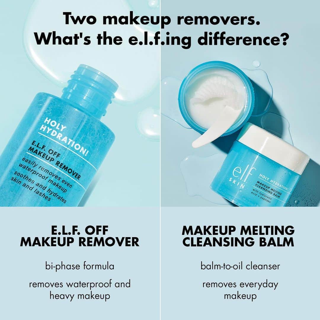 e.l.f.さんのインスタグラム写真 - (e.l.f.Instagram)「The makeup removing ICONS 🙌 What the e.l.f. is the difference between our makeup removers?! We're here to help! 👇  💧NEW Holy Hydration! e.l.f. Off Makeup Remover has a bi-phase formula with an oil phase to melt makeup and a water phase to cleanse skin. Shake up the bottle, soak a cotton pad then swipe to remove waterproof and heavy makeup ($7).  💧Holy Hydration! Makeup Melting Cleansing Balm is a balm-to-oil cleanser that removes every day makeup. Massage a dime-sized amount onto dry skin, watch makeup melt away then rinse ($11).   Both cleansers feature skin-loving ingredients to hydrate skin while removing makeup 💙  Head to our #linkinbio to shop! ✨ #elfskin #eyeslipsface #elfingamazing #crueltyfree #vegan」5月25日 4時51分 - elfcosmetics