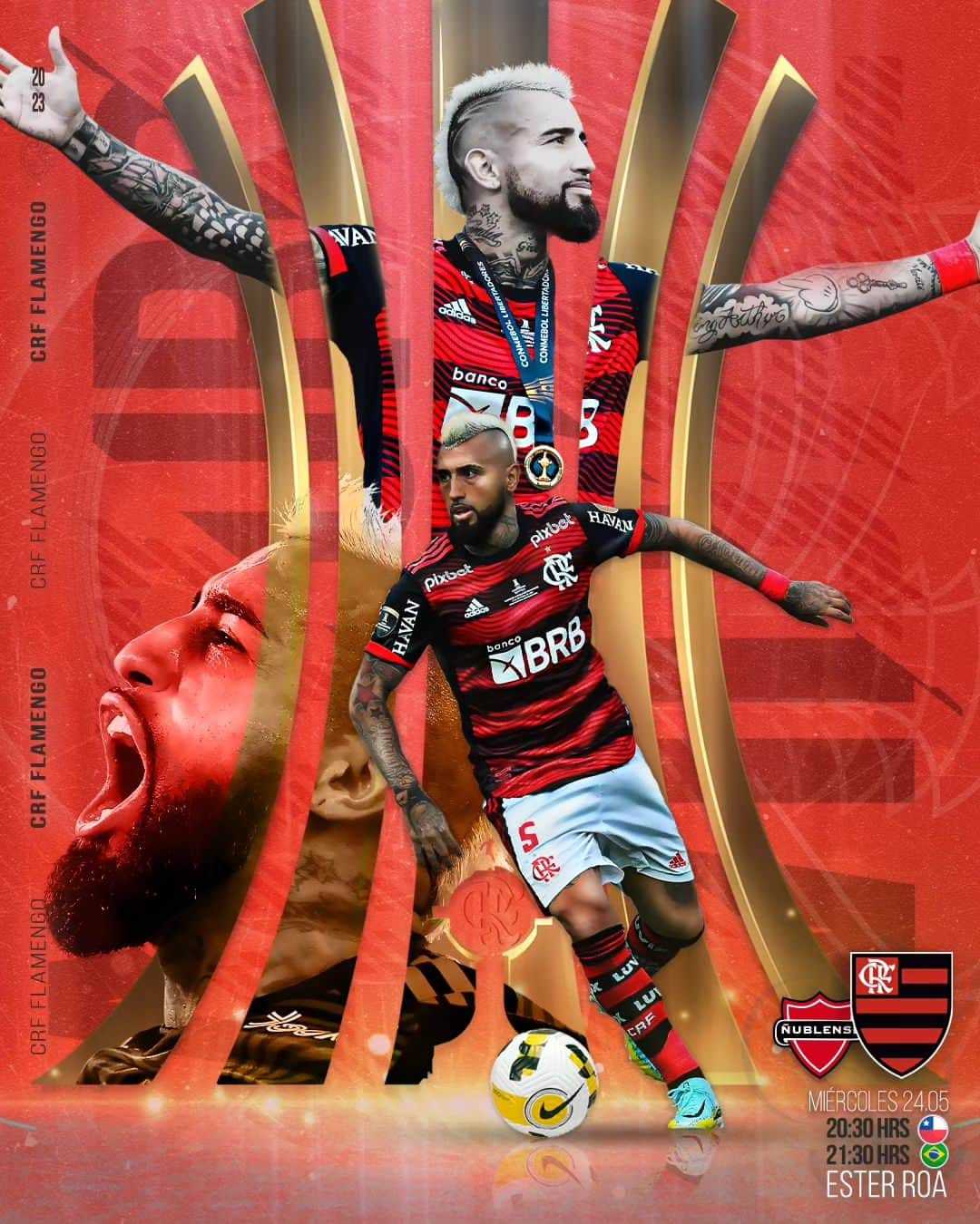 アルトゥーロ・ビダルのインスタグラム：「Feliz de volver a jugar Copa Libertadores en casa 🇨🇱  Vamos Flamengo ❤️🖤 todos juntos por el triunfo 👌🫅🏽💪  20:30 🇨🇱 21:30 🇧🇷  #VamosFlamengo #ÑUBxFLA」