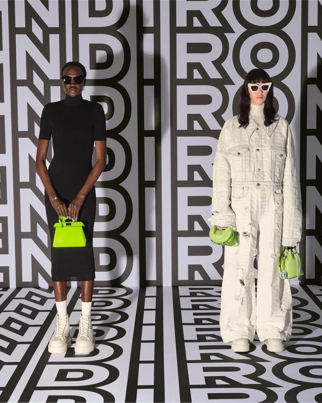 Fendiのインスタグラム：「Flashes of neon, inspired by New York City streets, punctuate #MarcJacobsXFendi, including the iconic #FendiPeekaboo and the #Fendigraphy bag.  Artistic Director of Couture and Womenswear: @mrkimjones​ Artistic Director of Accessories and Menswear: @silviaventurinifendi ​ Artistic Director of Jewelry: @delfinadelettrez​ Artistic Director: @themarcjacobs   Photography: @johnyuyi  Styling: @elliegracecumming  Hair: @evaniefrausto Makeup: @marcelogutierrez  Casting: @shelleydurkancasting Set Design: @mattjacksonmattjackson  Models: Nyalit Laul, Shelby Smith」