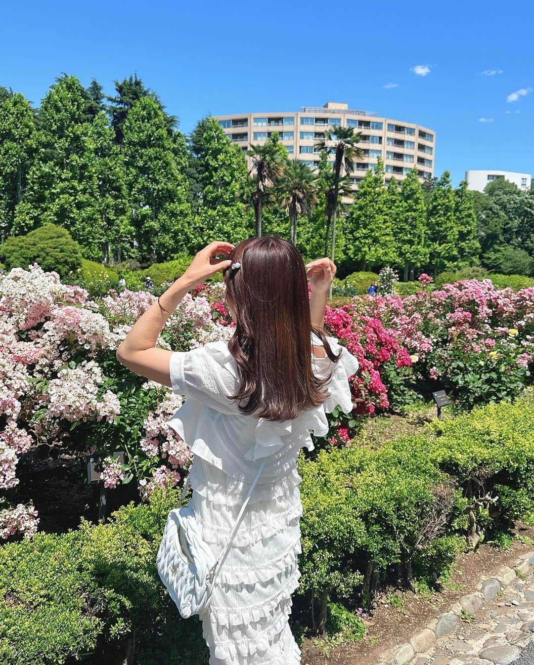 計良日向子（ひなひ）さんのインスタグラム写真 - (計良日向子（ひなひ）Instagram)「. 新宿御苑のバラ園🌹💞🤍 . . . 見頃は少し過ぎてたけど ギリギリバラ咲いてて綺麗だった🎀 今日行ってきたから、見に行く予定 ある方は早めの方がいいかもです🙆‍♀️ . . . 久しぶりに晴れていいお天気だった☀️ ただ風が強くて写真撮るの一苦労🤣 今日もたくさん歩き回った！！ . . . 👗ボレロ　@grl_official . 👗ワンピース　@sweemy_closet . 👜バッグ　@miumiu . 👡サンダル　@shein_japan . . . . #新宿御苑 #バラ園 #薔薇園 #お花畑 #お花畑コーデ #grl #グレイル #sweemycloset #miumiu #ミュウミュウ #shein購入品 #sheinコーデ」5月24日 22時26分 - kerahinako1105