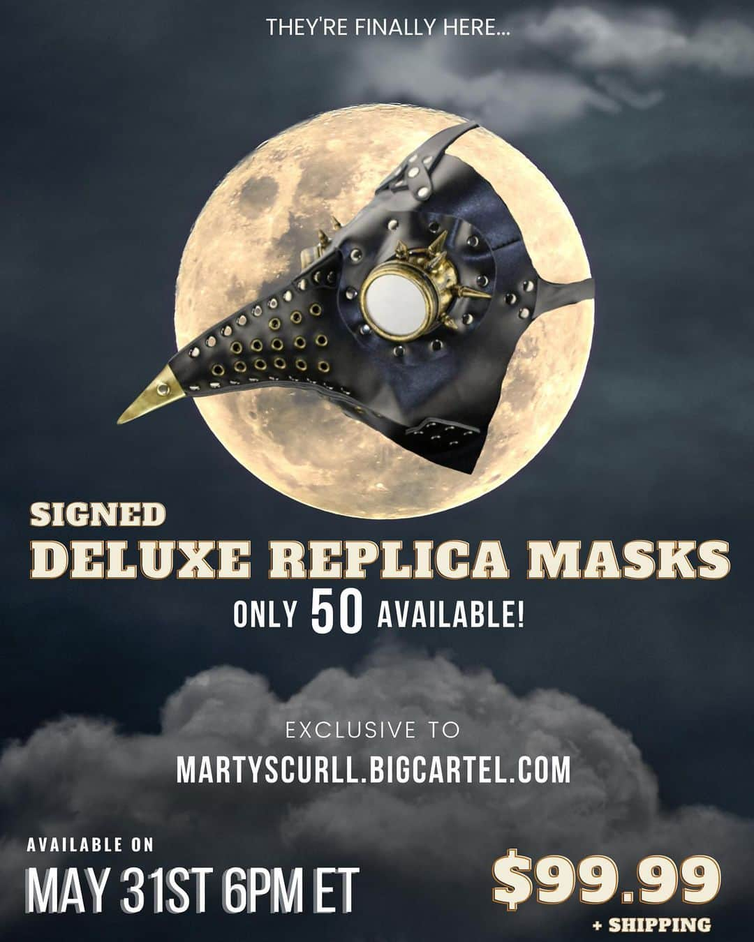 マーティ・スカルのインスタグラム：「So excited to announce that for the first time ever exact replica’s of my entrance mask will be available to purchase!  Make sure you mark May 31st 6pm ET in your calendars as we’re expecting these to sell out fast with only 50 available.   For years people have been asking me for these and this has been such a fun project to work on.   Best of luck to everyone on May 31st ☔️」