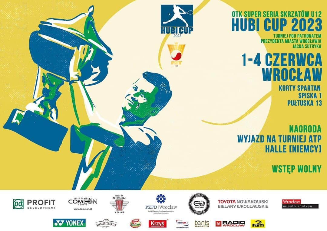 フベルト・フルカチュのインスタグラム：「Miło mi ogłosić, że od 1 do 4 czerwca we Wrocławiu odbędzie się Hubi Cup 2023 - turniej rangi OTK Super Seria do 12 lat.  Nagrodą dla finalistek i finalistów singlowych zmagań będzie wyjazd na tegoroczny turniej ATP 500 w Halle. Trzymam za wszystkich mocno kciuki!😊🏆 - I’m happy to announce that Hubi Cup 2023 - a tournament for children U12, will take place in my hometown of Wrocław, June 1 through 4.  The prize for winners and finalists of girls’ and boys’ singles tournament is a trip to this year’s ATP 500 tournament in Halle. Keeping my fingers crossed for everyone!😊🏆」