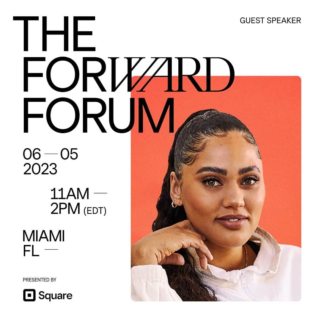 エイヨシャ・カレーのインスタグラム：「Join me on June 5th in Miami for The Forward Forum, a day of conversation, community, and celebrating the inaugural Square FORWARD Cohort. We’ll be talking all things entrepreneurship and discussing the ways you can propel your business forward. Link in bio to learn more. ✨」