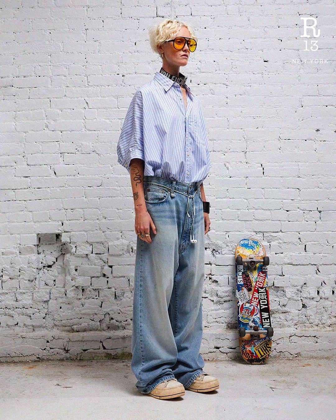 アールサーティーンのインスタグラム：「R13's Spring/Summer collection masterfully undermines the formality of pinstripe with irregular bleach and subversive styling.  Available at r13.com and our flagship at 34 Howard Street, NY.  #r13 #r13denim #skate」