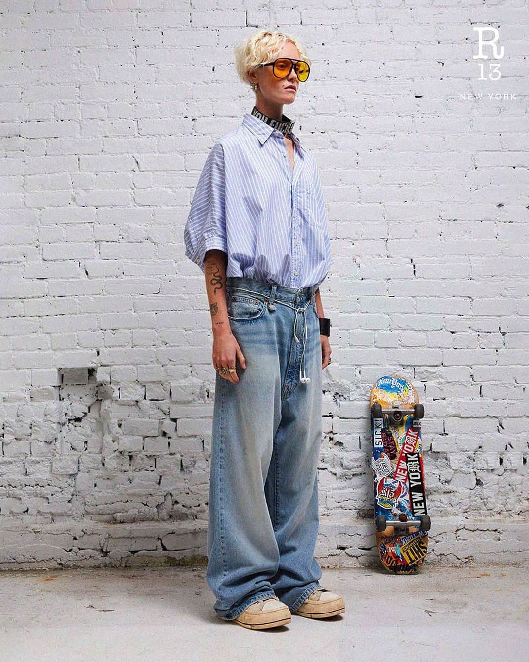のインスタグラム：「R13's Spring/Summer collection masterfully undermines the formality of pinstripe with irregular bleach and subversive styling.  Available at r13.com and our flagship at 34 Howard Street, NY.  #r13 #r13denim #skate」