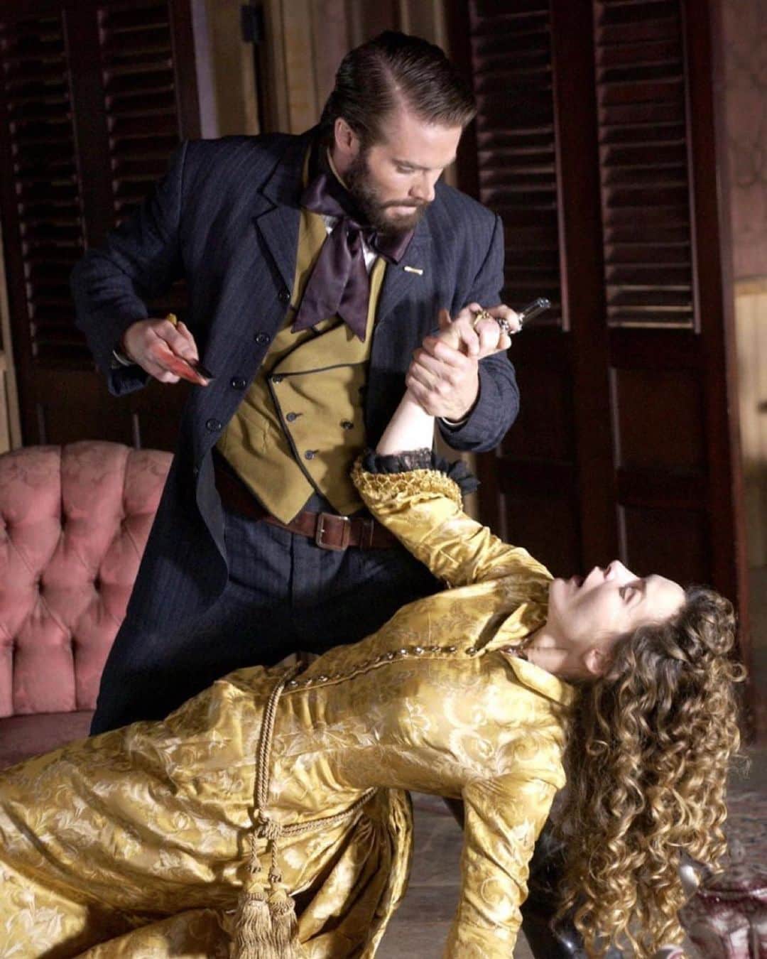 のインスタグラム：「A fan reminded me recently of the almost renaissance oil-painting composition of a lot of Deadwood scenes, exemplified here in Wolcott’s “very expensive” outing to Maddie’s Chez Amis brothel.  @costumedesignerjaniebryant ‘s incredible wardrobe design doesn’t hurt either. (And how bout the strength of #AliceKrige?)」