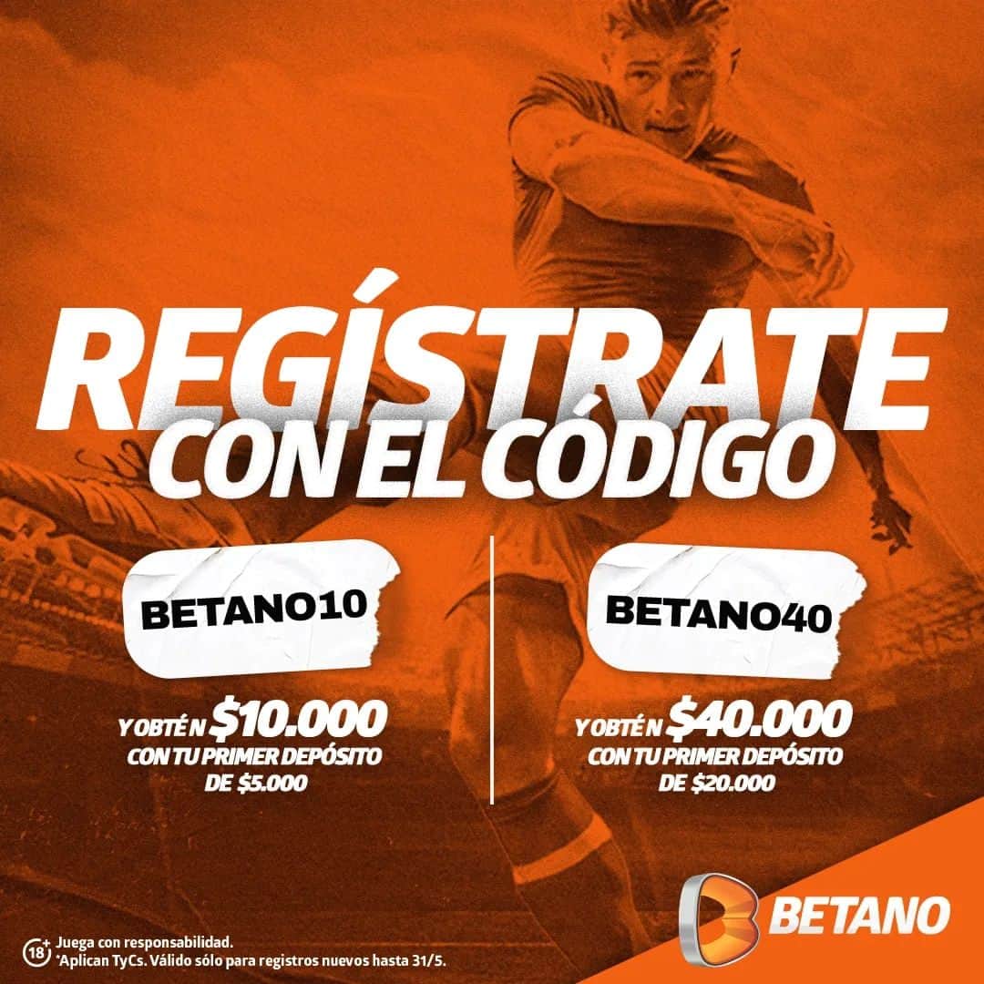 のインスタグラム：「¡Porque ustedes lo pidieron!👏 Promo especial para disfrutar de la mejor experiencia deportiva durante esta intensa jornada de fútbol🏟️⚽ . Solo debes registrarte en @Betano_chile ✅ con el código BETANO10 para recibir $10.000 por tu primer depósito de $5.000, o con el código BETANO40 para recibir $40.000 por tu primer depósito de $20.000.🤑  ¡El juego comienza ahora!  *Aplican Términos y Condiciones. Válido solo para nuevos registros hasta el 31/05.」