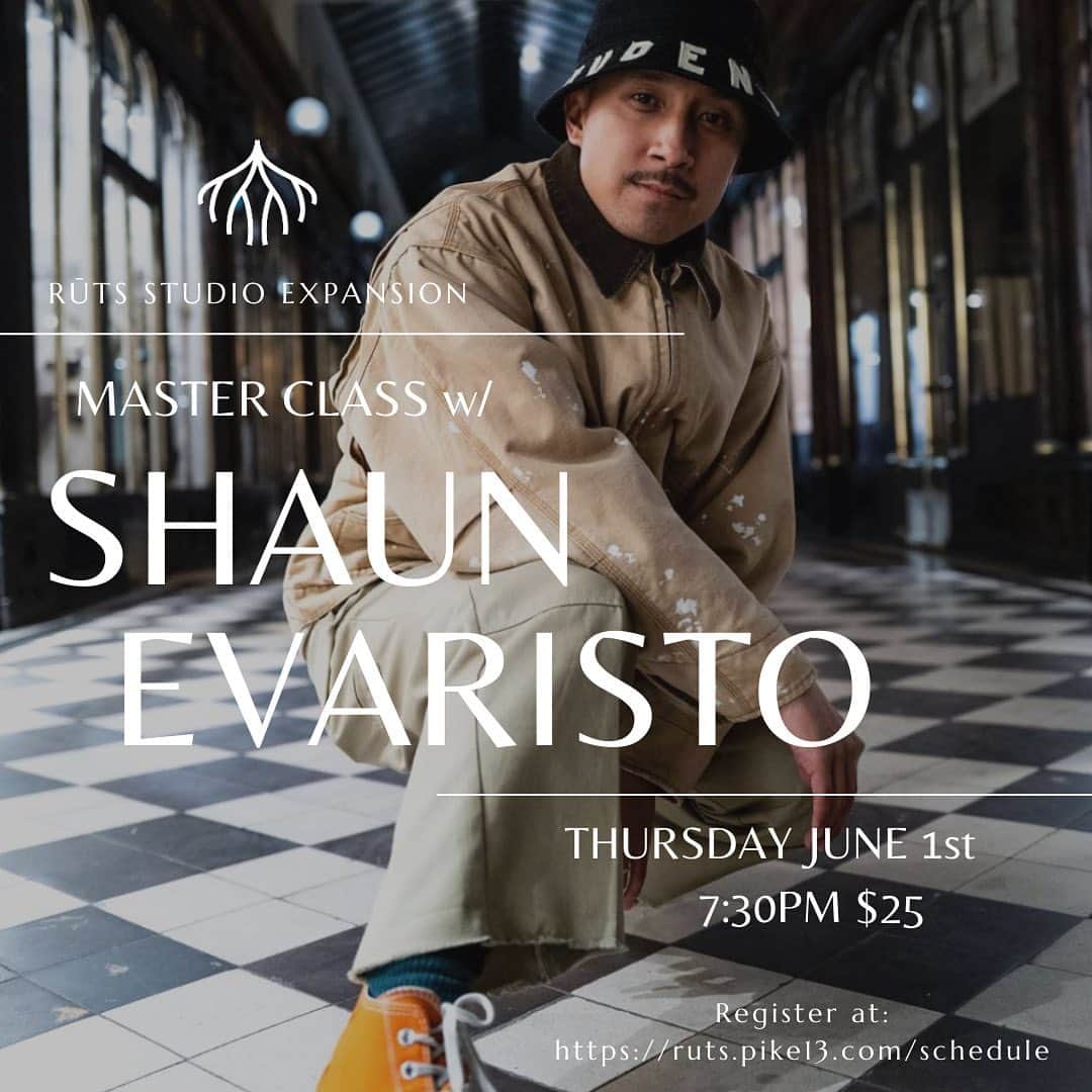 ショーン・エバリストのインスタグラム：「RE-RŪT: Rūts Studio Expansion MASTER CLASS w/ Shaun Evaristo Thursday 6/1 @ 7:30pm  ** Please pre-register at ruts.pike13.com/schedule  ** STREET PARKING ONLY **」