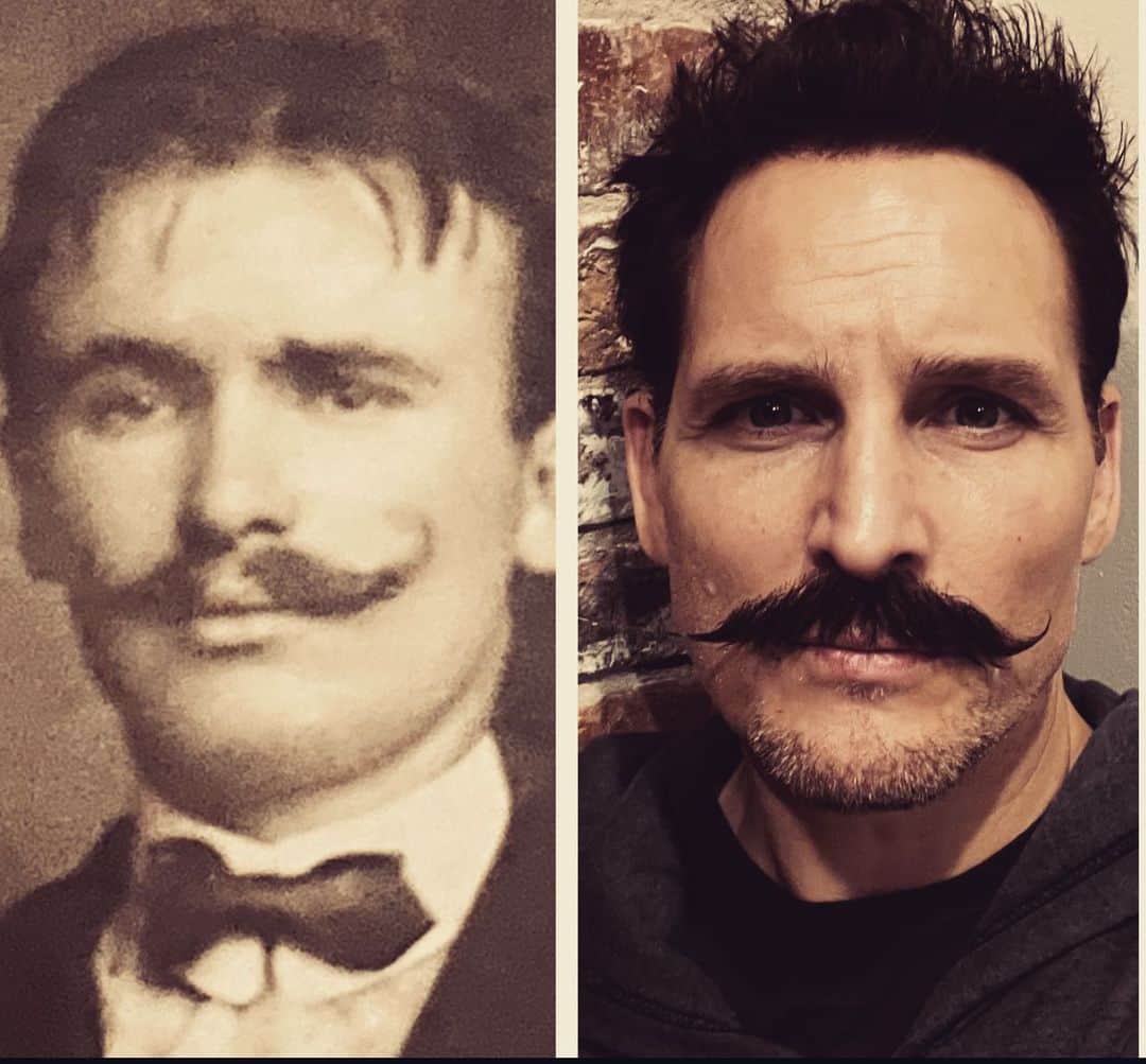 ピーター・ファシネリのインスタグラム：「Picture of my great grandfather on the left. Picture of me on set from my latest film role on tbe right.  My great grandpa is way cooler.」