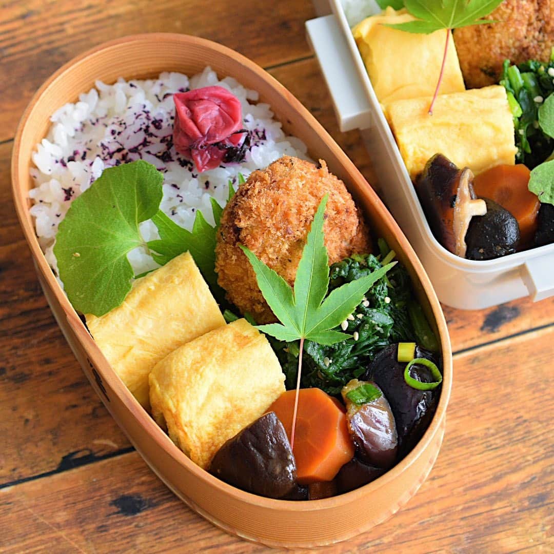 yukiyoのインスタグラム：「2023.5.25* ・ 今日のお弁当 ・ ごはんにゆかりふりかけ、梅干し 甘い出汁巻 おからコロッケ ほうれん草ごま和え 茄子南蛮漬け 椎茸人参甘辛煮 おにぎりの具はおかか昆布の佃煮 お味噌汁は玉ねぎ青梗菜、しめじ ・ 今日のお米は新潟産『みずほの輝き』 これもまた味が濃くて美味しいお米♡ ・ #お弁当 #obento #bento #japanesefood #暮らし #わっぱ #曲げわっぱ #わっぱ弁当 #igersjp #クロワッサンお弁当部 #クロワッサン普段弁当 #みずほの輝き」